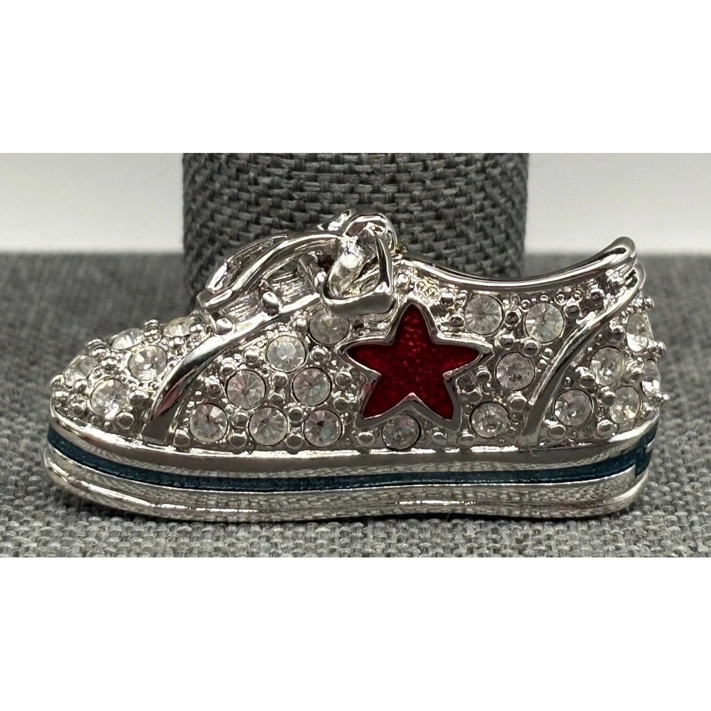 Vintage Barbara Mandrell Red Star Rhinestone Enamel Shoe Brooch Silver Tone